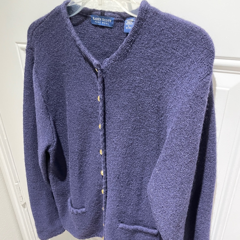Karen Scott Navy Blue 100% Wool Long Sleeve Cardigan Sweater Large Gold Buttons - Picture 5 of 12